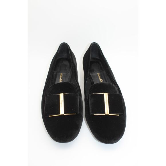 Salvatore Ferragamo Shoes - Salvatore Ferragamo Black Velvet Suede Gold Flats Flower Heel Shoes Size 8